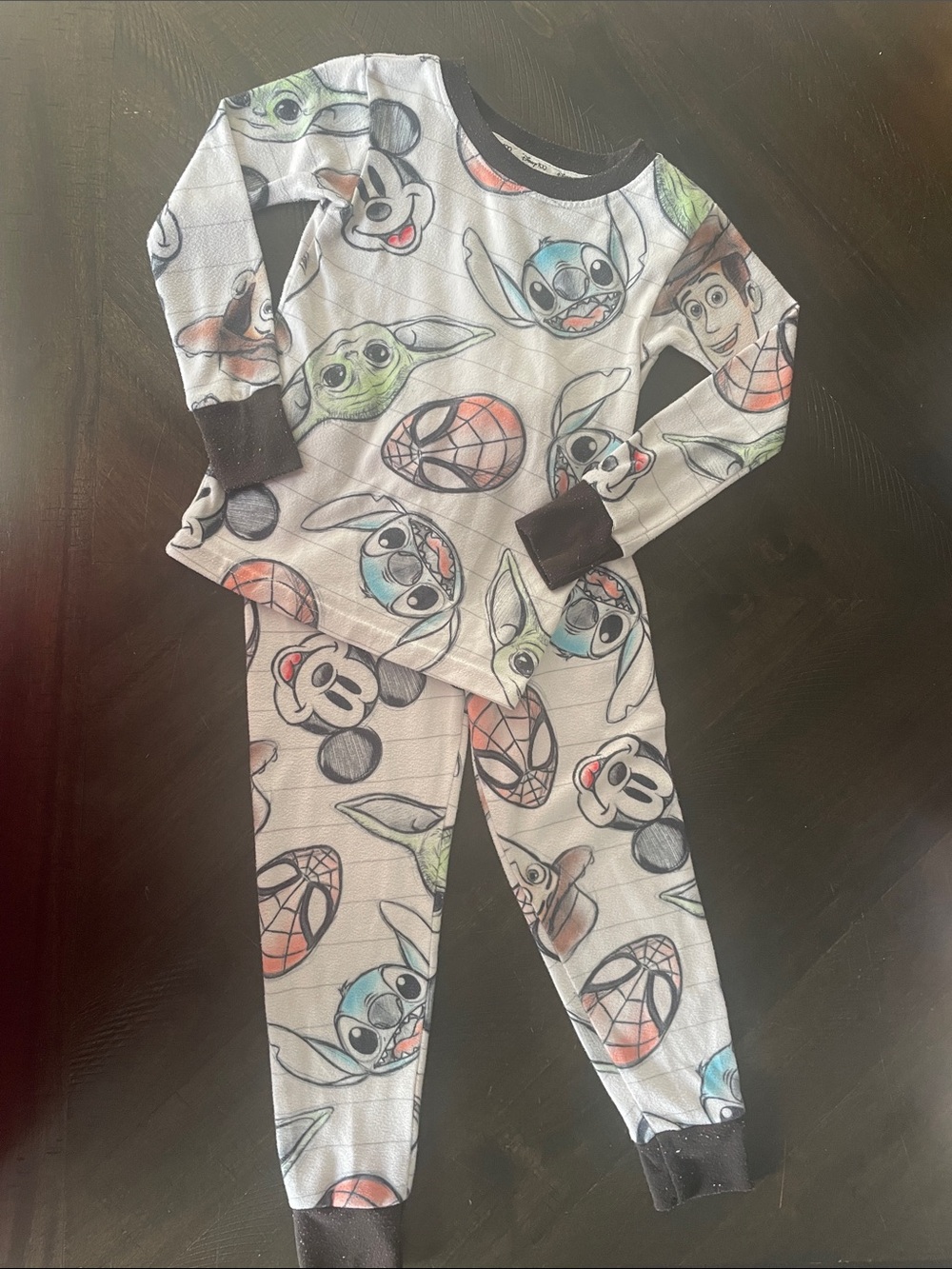 Disney Kids White Pajama Set with Multicolor Character Prints